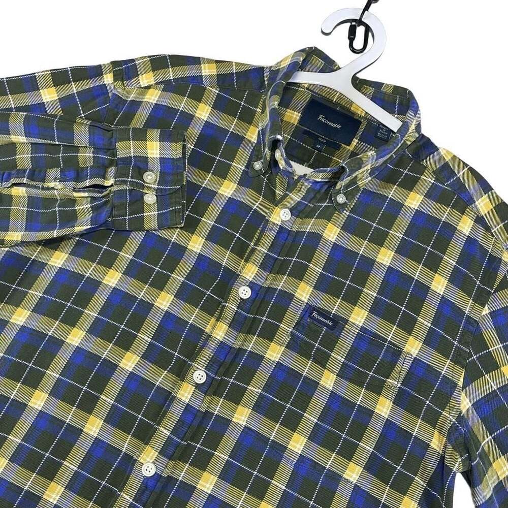 Faconnable Club Plaid Button-Down Long Sleeve Shirt Green Yellow Blue Medium